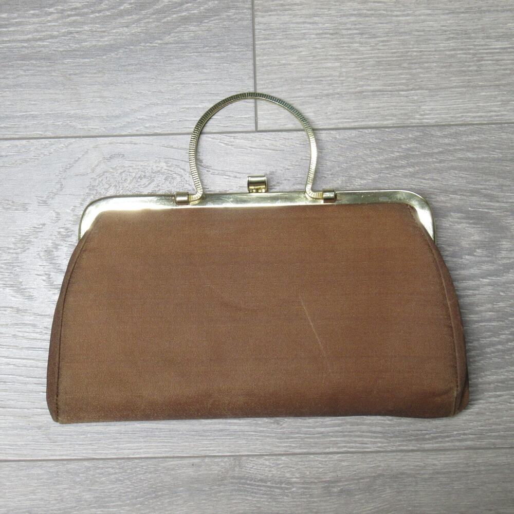 Vintage Classic Satchel Handbag Women Small Brown Purse Gold Tone Handle Bag